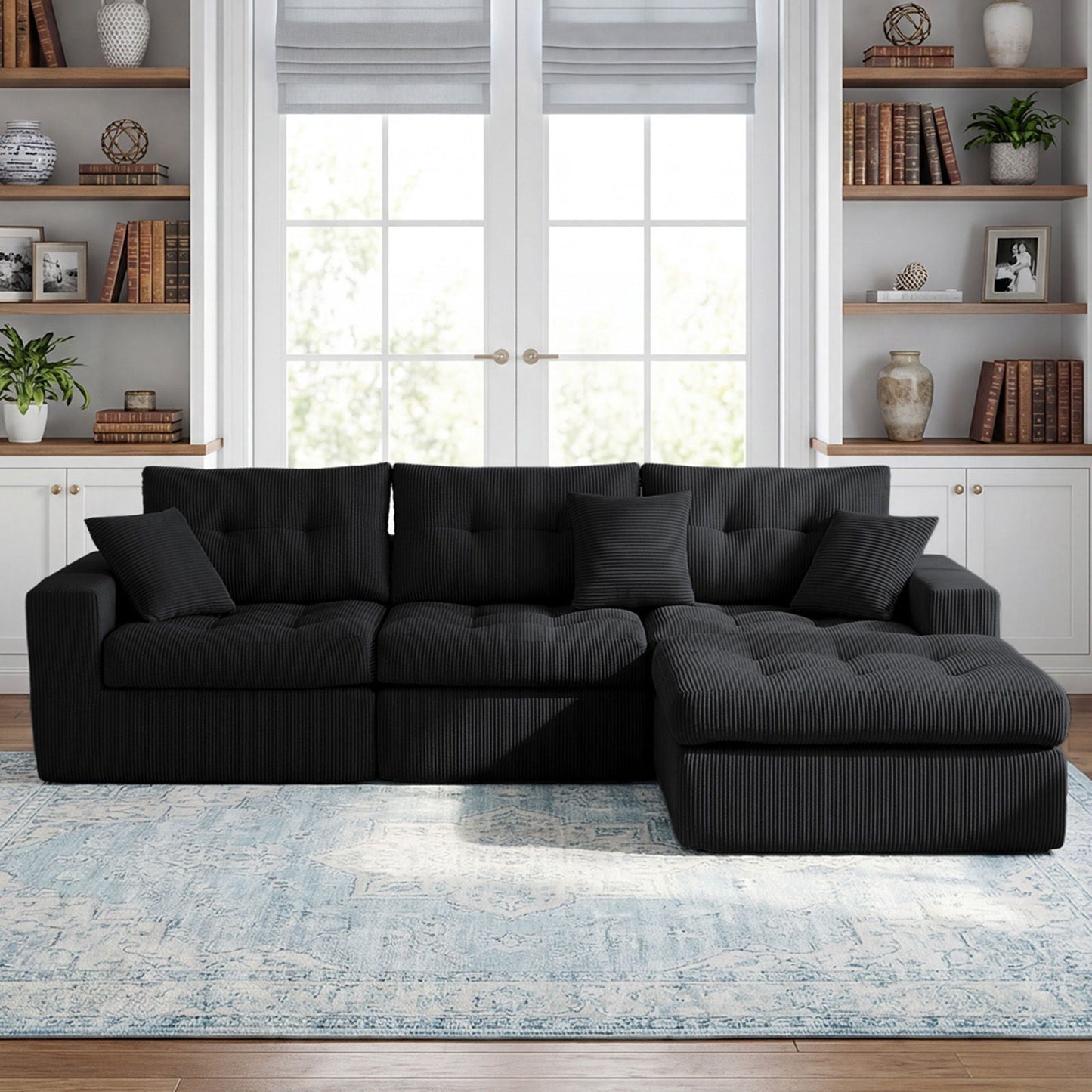 Corner chaise L-shaped sectional sofa bed in black textured fabric, 2-piece HouseOfZazla set on Tampa Home & Garden Store