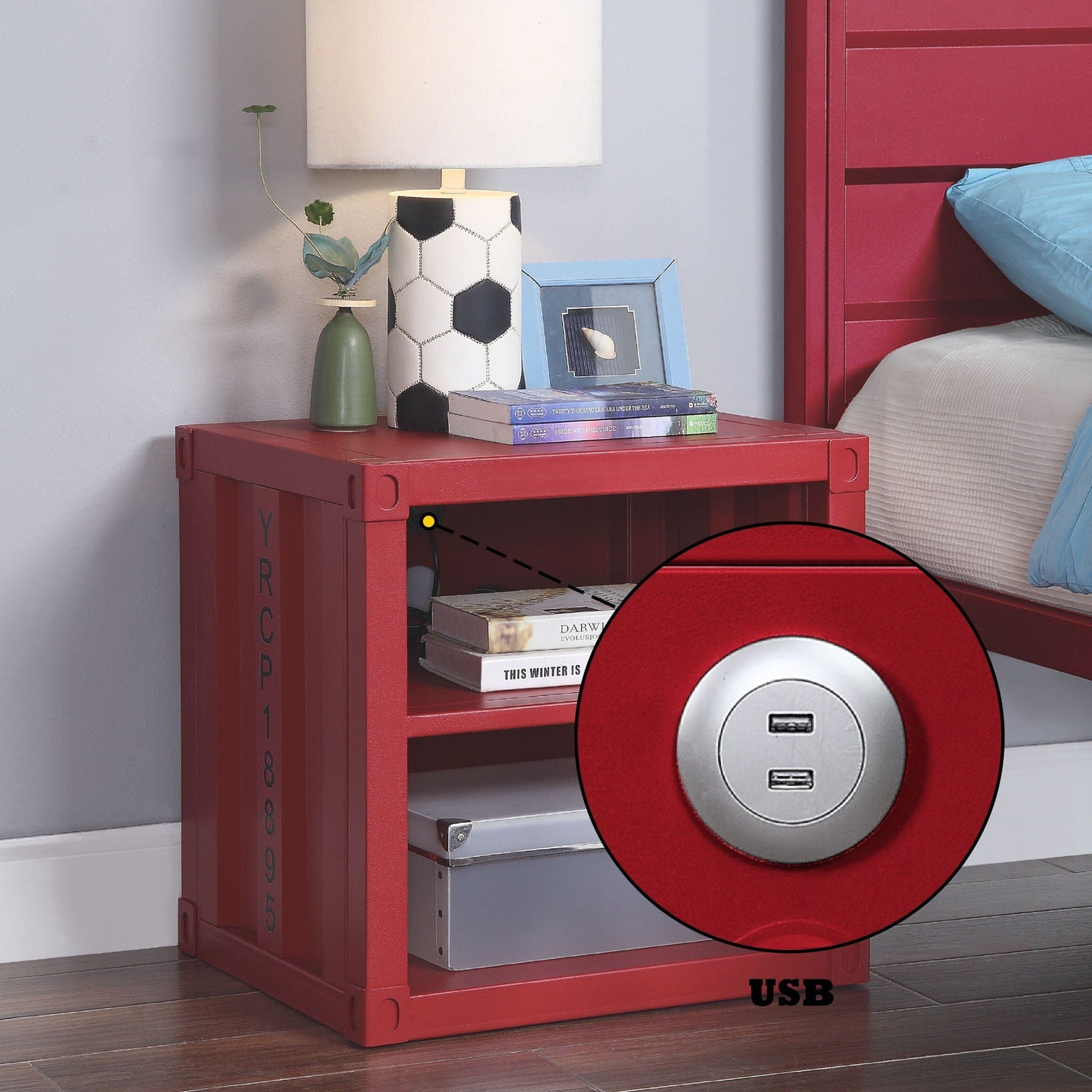 HouseOfZazla Cargo Nightstand with USB, red accent nightstand with USB ports, lamp and books on Tampa Home & Garden Store