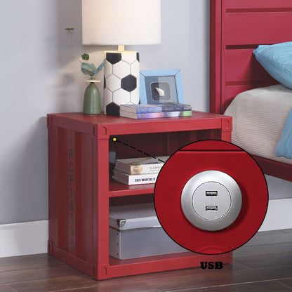 HouseOfZazla Cargo Nightstand with USB, red accent nightstand with USB ports, lamp and books on Tampa Home & Garden Store