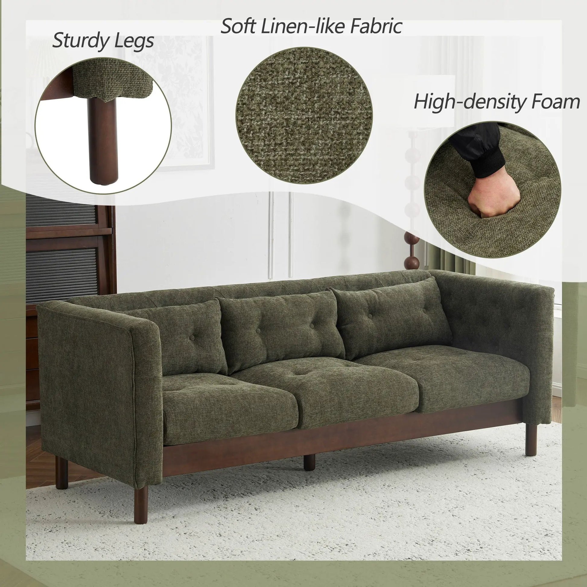 Upholstered 3-Seater sofa with tufted cushions in olive fabric by Unique Piece Furniture on Tampa Home & Garden Store