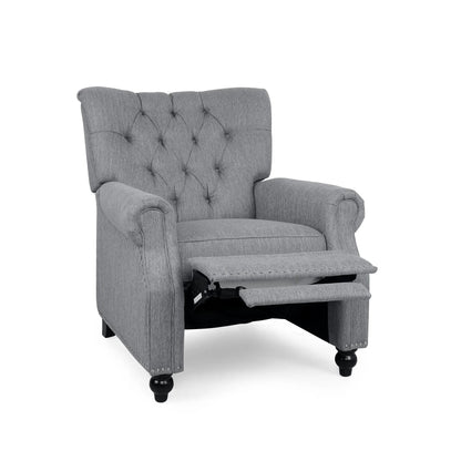 Welch Tufted Pushback Recliner gray fabric with nailhead trim and extended footrest on Tampa Home & Garden Store