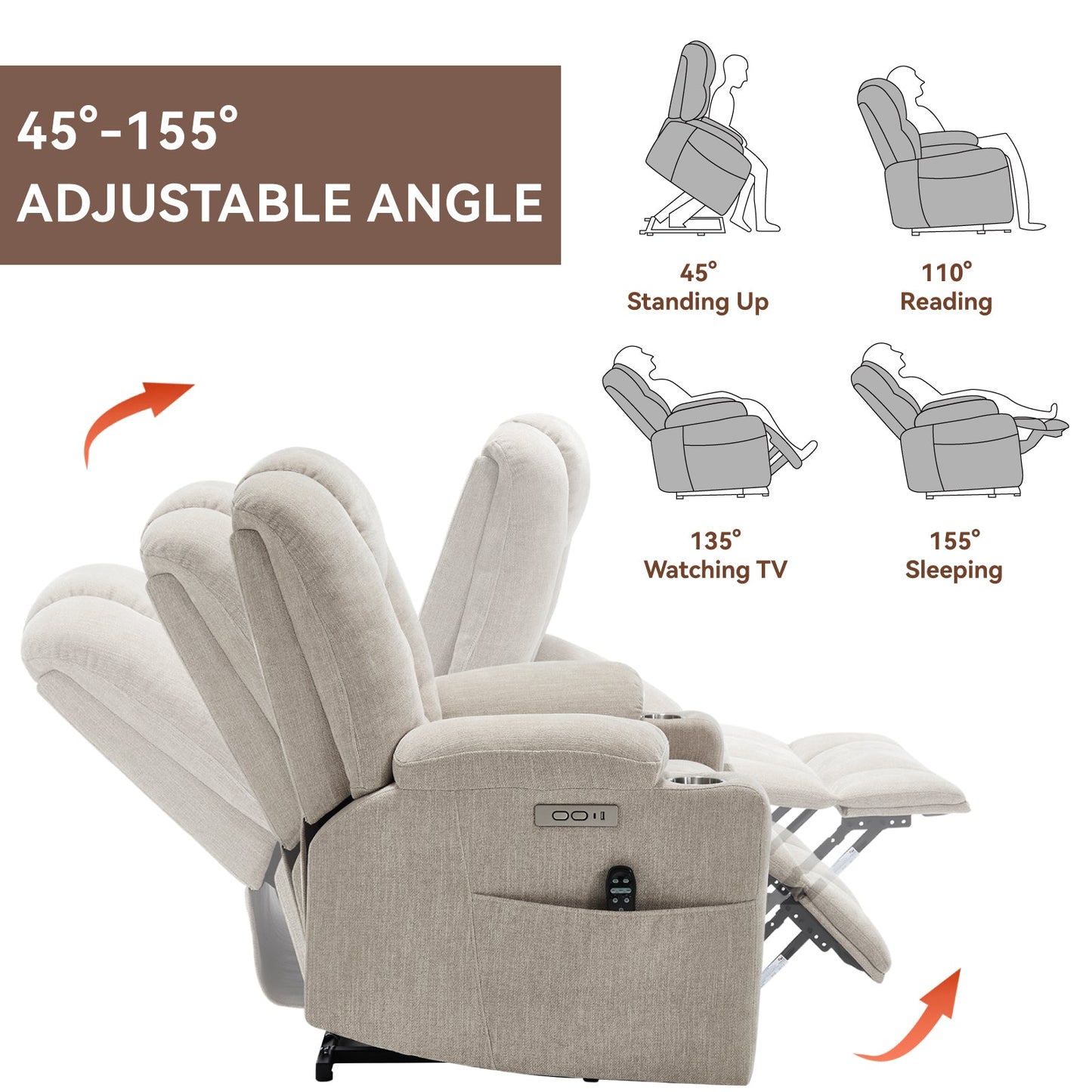 Power Lift Recliner Chair with Massage beige fabric remote, 45–155° angles on Tampa Home & Garden Store