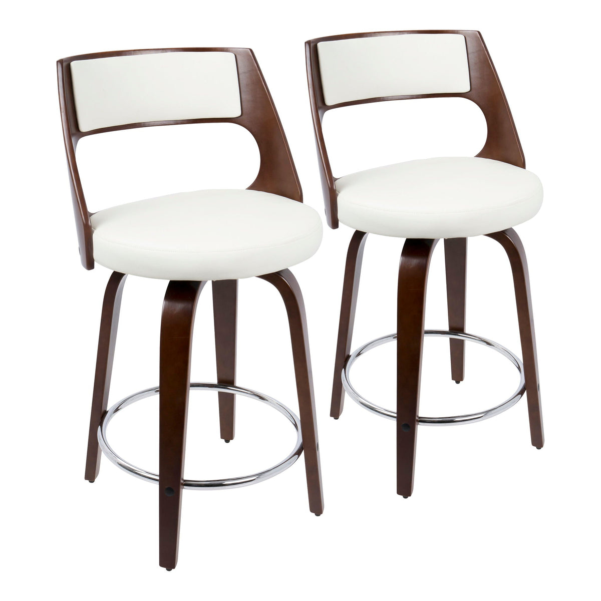 Two mid-century counter stools with dark brown wood frames, white cushions, chrome footrests on Tampa Home & Garden Store