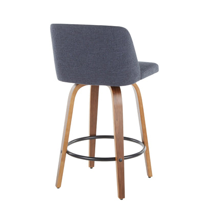 Toriano mid-century modern counter stool blue-gray fabric with wood legs and metal foot ring on Tampa Home & Garden Store