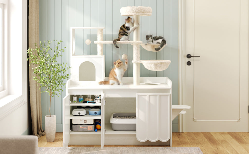 50.6-inch white cat tree with litter box enclosure, sisal scratching posts, and storage shelves on Tampa Home & Garden Store