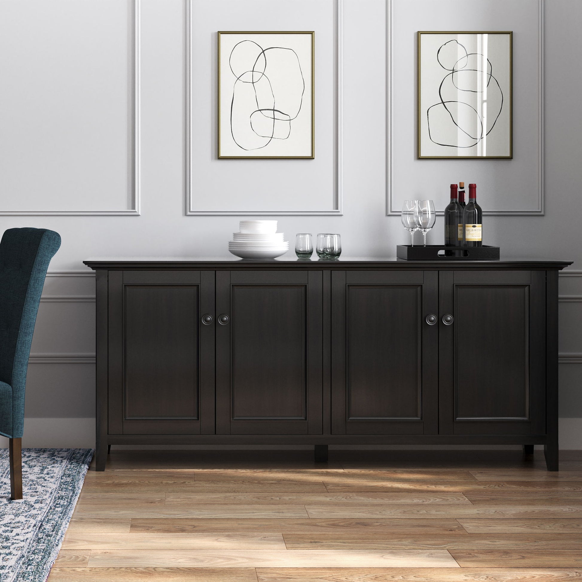 Amherst - 4 Door Storage Cabinet, dark wood finish, gold hardware, wine bottles on tray on Tampa Home & Garden Store