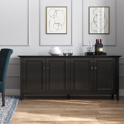Amherst - 4 Door Storage Cabinet, dark wood finish, gold hardware, wine bottles on tray on Tampa Home & Garden Store