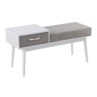 Contemporary upholstered bench with pull-out drawer in white frame and gray fabric cushion on Tampa Home & Garden Store