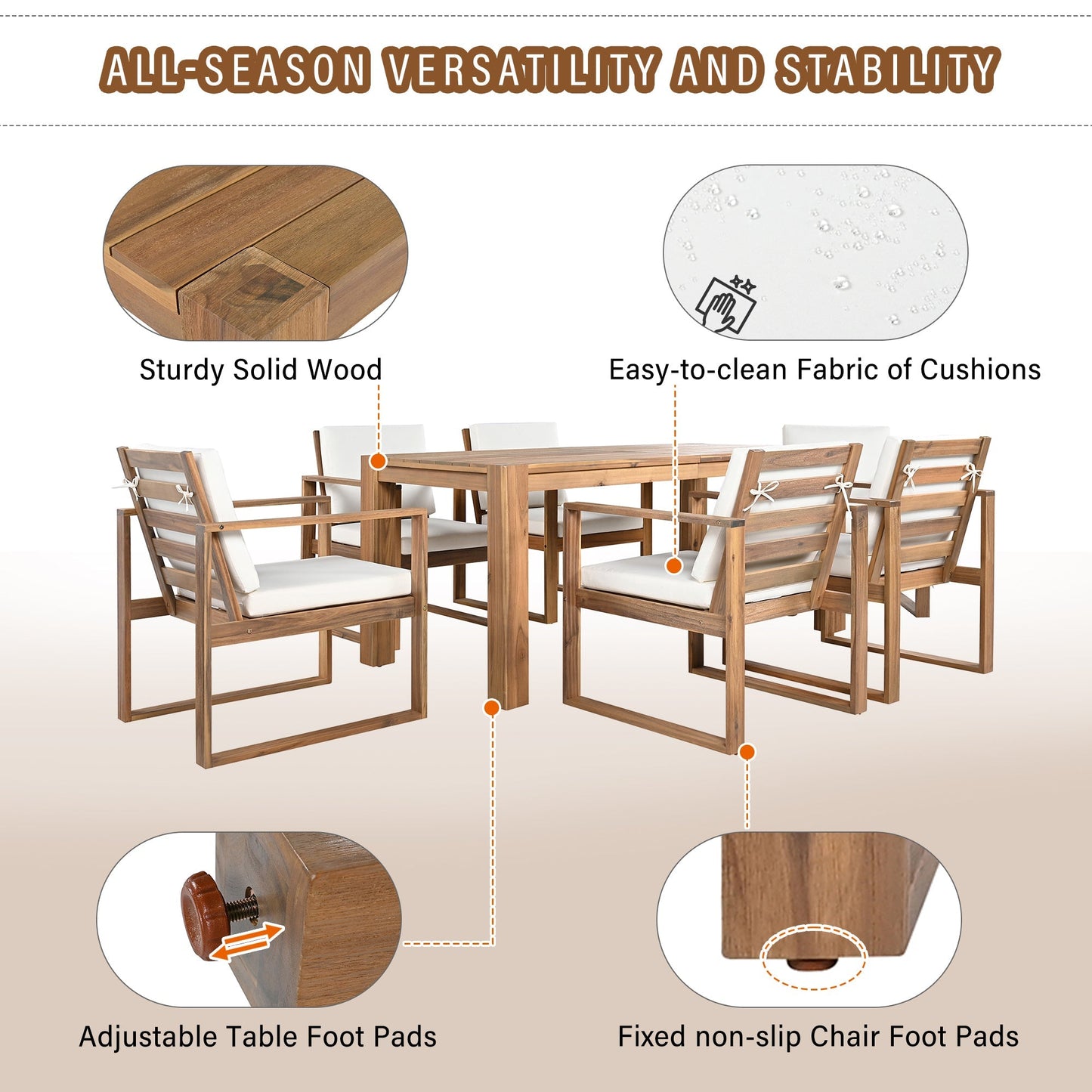 Trexm 7 Piece Acacia Patio Table and 6 Chairs Set