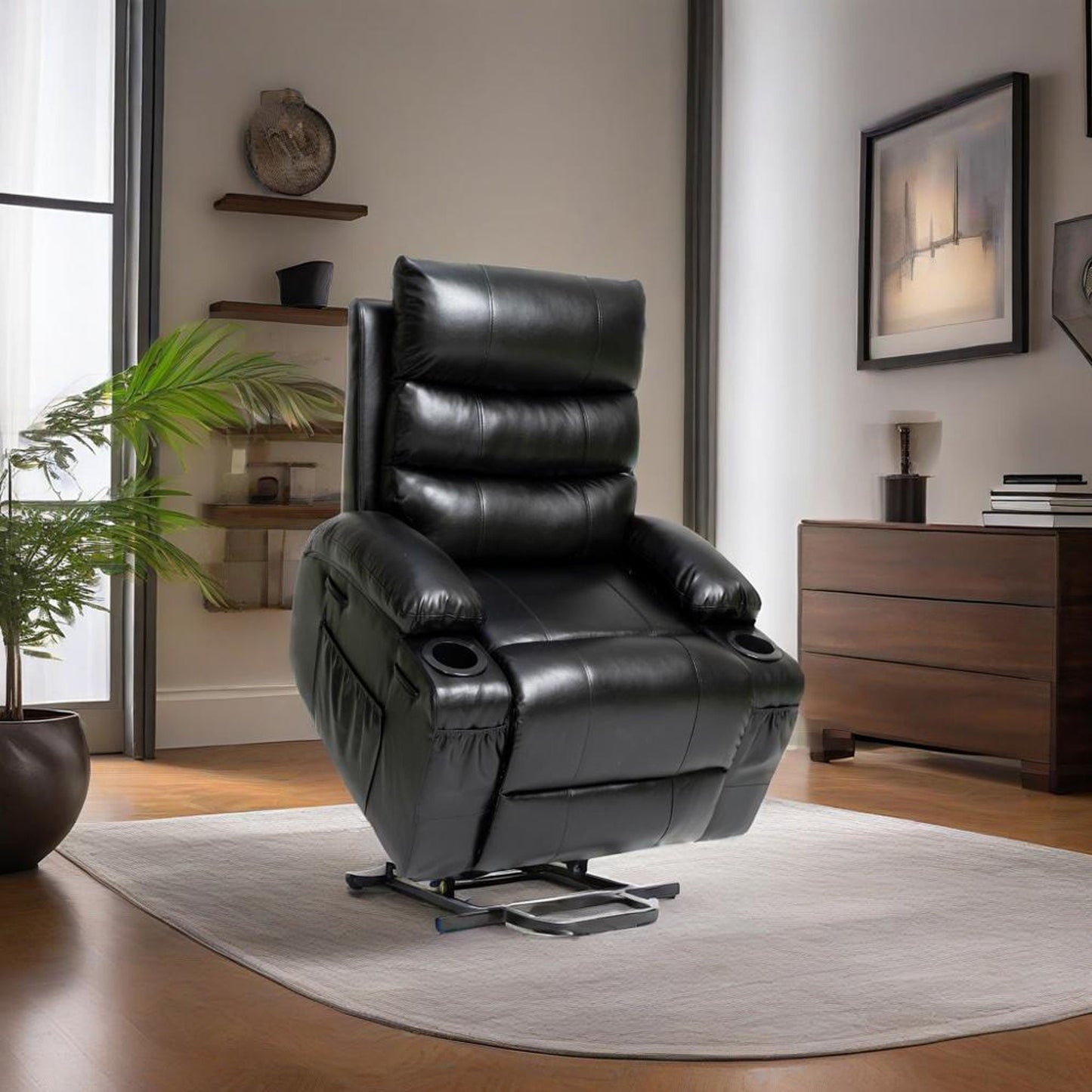 Large electric lift recliner chair by HouseOfZazla, black leather with massage and heat on Tampa Home & Garden Store