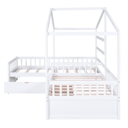 L shape white platform bed with 3 storage drawers, ladder, slatted base by HouseOfZazla on Tampa Home & Garden Store