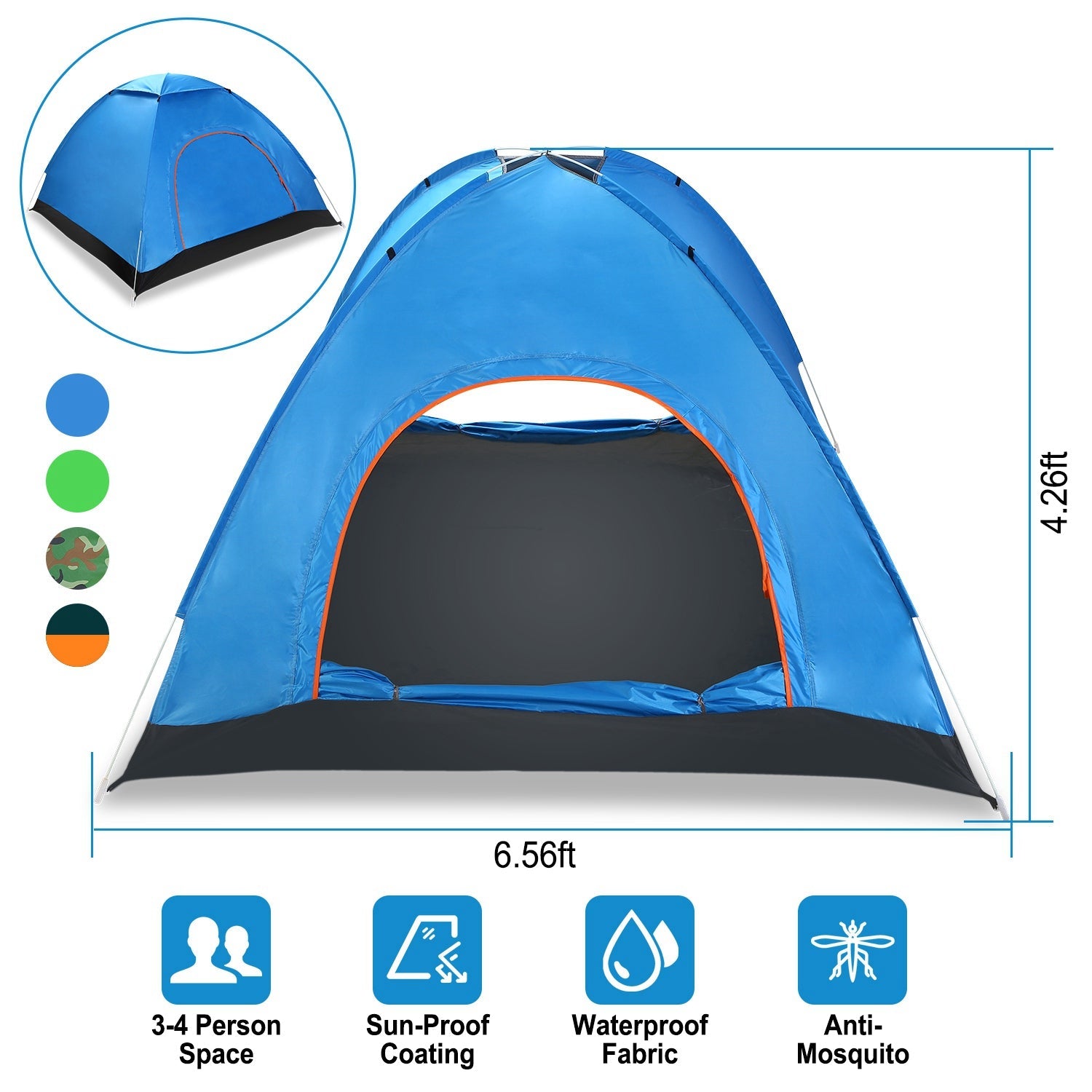 GemGear 4-Person Pop-Up Tent blue with orange doorway, waterproof fabric and anti-mosquito doors on Tampa Home & Garden Store