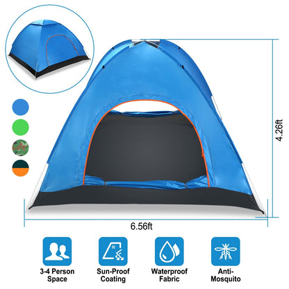 GemGear 4-Person Pop-Up Tent blue with orange doorway, waterproof fabric and anti-mosquito doors on Tampa Home & Garden Store