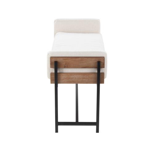 Upholstered Farmhouse Bench with Wood Panel Accent beige upholstery, black metal legs HouseOfZazla on Tampa Home & Garden Store