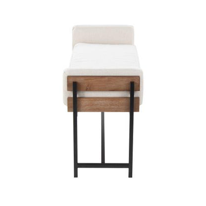 Upholstered Farmhouse Bench with Wood Panel Accent beige upholstery, black metal legs HouseOfZazla on Tampa Home & Garden Store