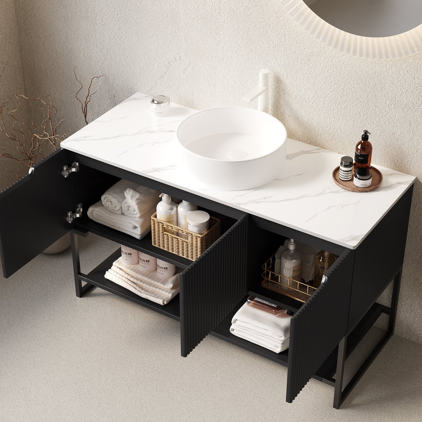 Tulio 48in bathroom vanity, sink and storage cabinet, black base, white marble countertop on Tampa Home & Garden Store