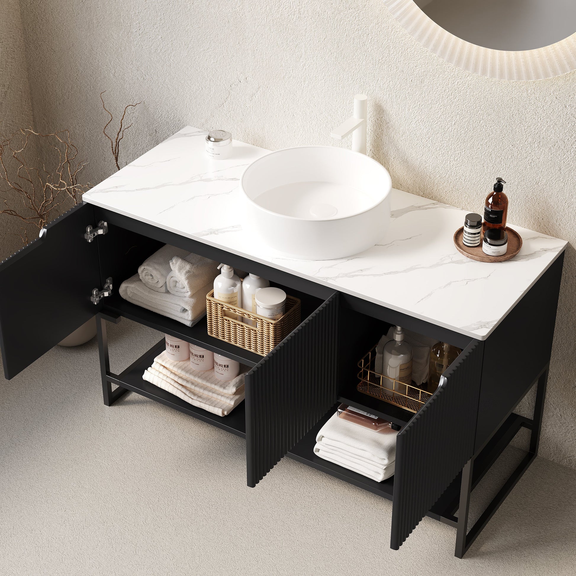 Tulio 48in bathroom vanity, sink and storage cabinet, black base, white marble countertop on Tampa Home & Garden Store