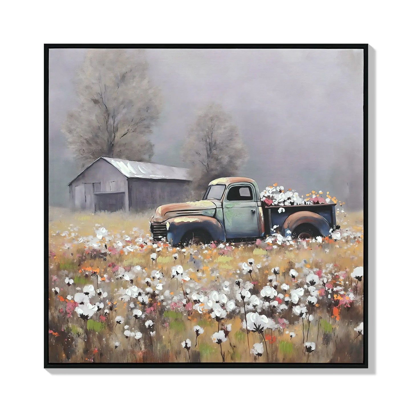 Old Truck Canvas Wall Art vintage white palette with weathered truck beside a barn and flowers on Tampa Home & Garden Store