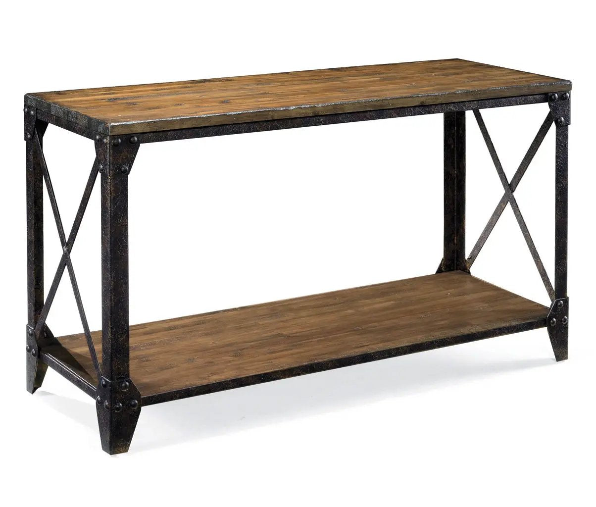 Pinebrook rectangular sofa table with distressed natural pine top and black iron frame on Tampa Home & Garden Store