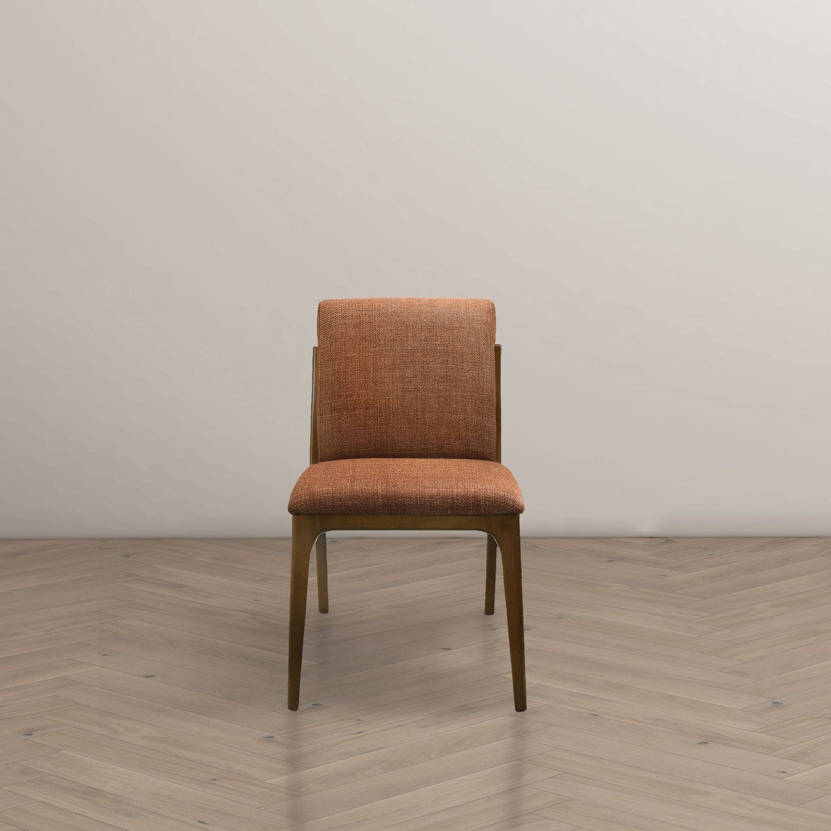 Elegant dining chair in beige-brown upholstered fabric with wooden legs on Tampa Home & Garden Store