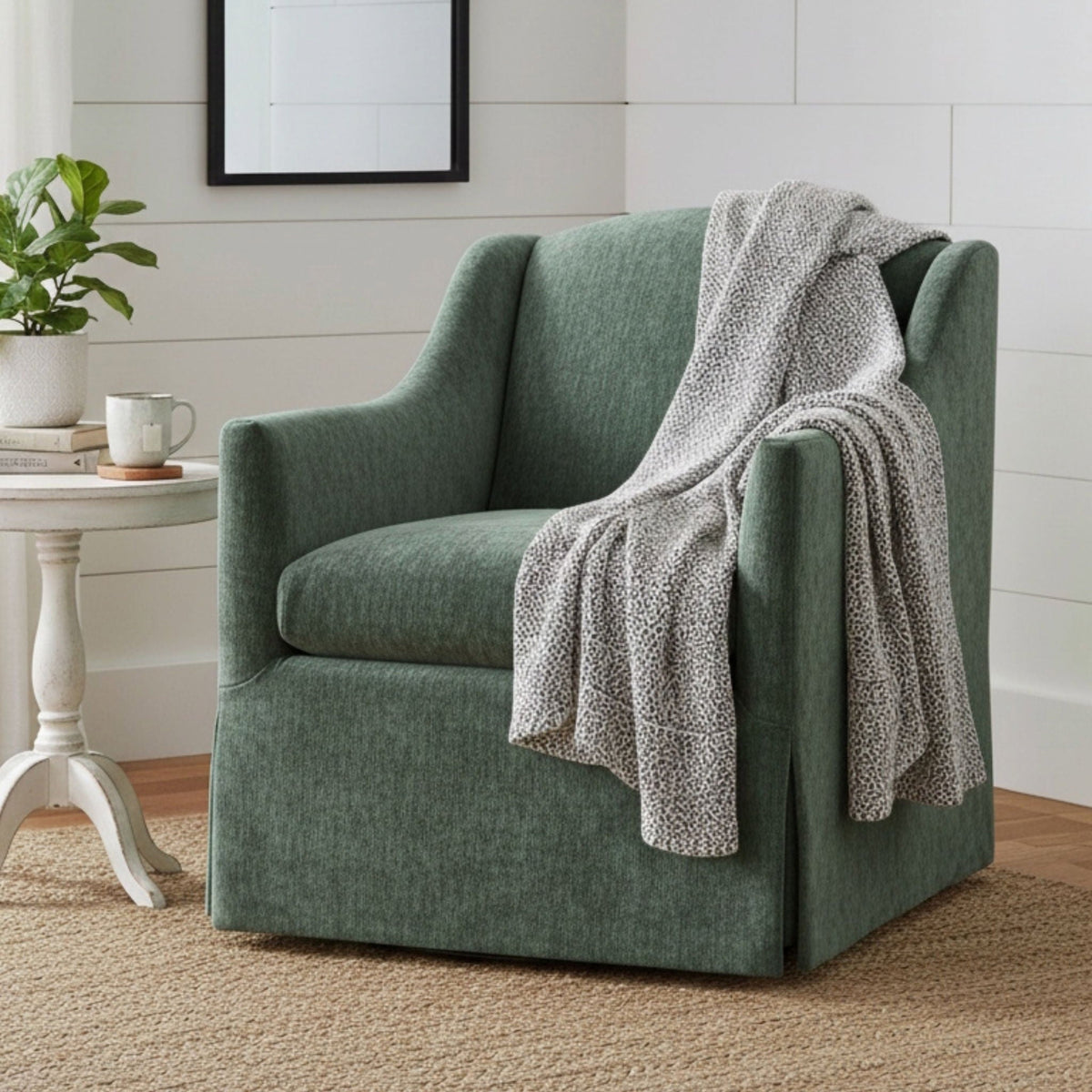 Skirted swivel accent chair moss green fabric with 360 swivel base HouseOfZazla on Tampa Home & Garden Store