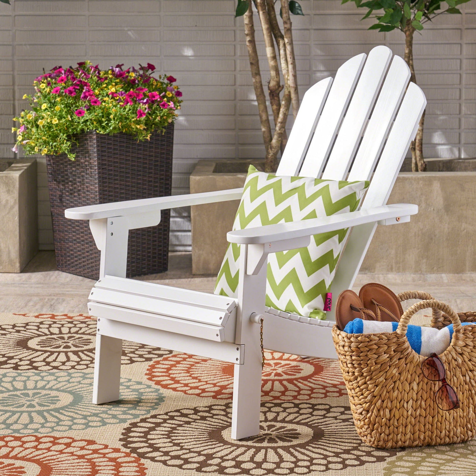 Aurascape Outdoor Acacia Wood Foldable Adirondack Chair white with green chevron cushion on Tampa Home & Garden Store