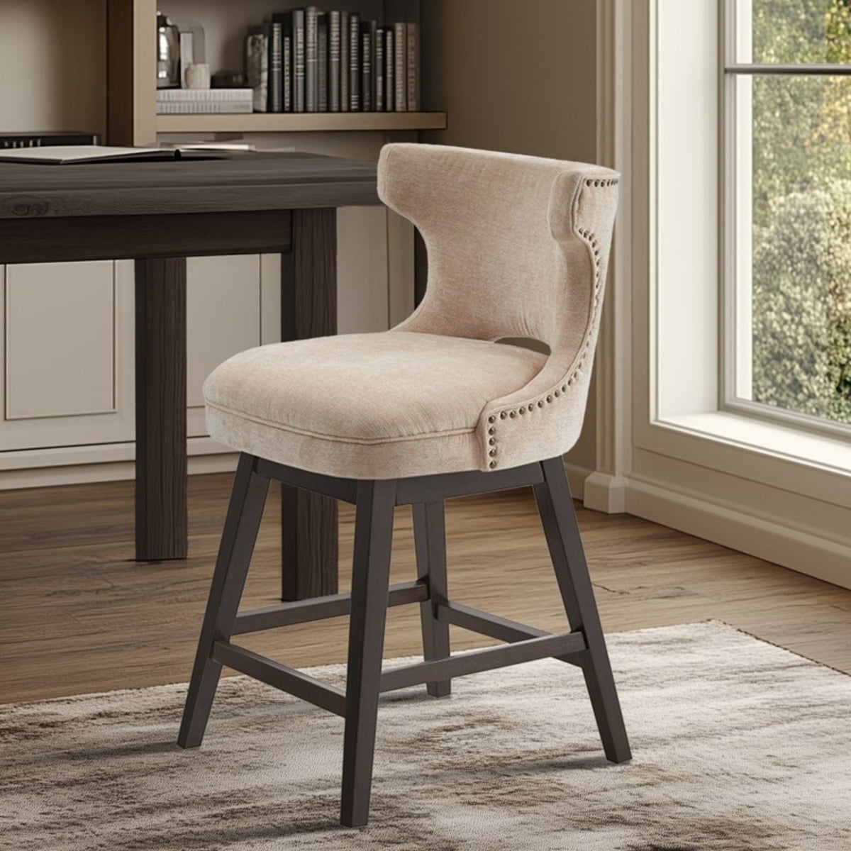 360 Degree Swivel Counter Stool beige fabric with nailhead trim and dark wood legs on Tampa Home & Garden Store