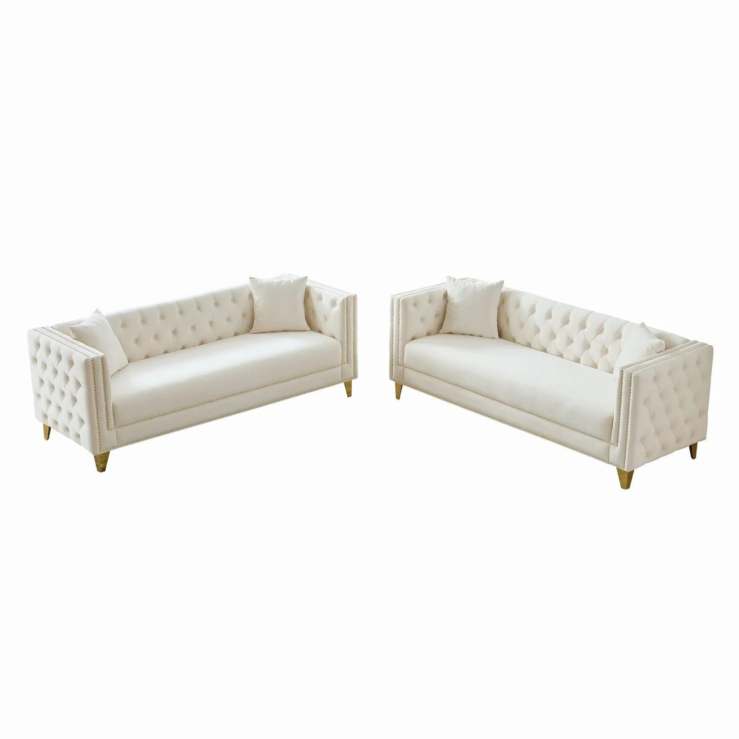 Pair of cream deep-seat sofas with nailhead trim and square arms by Unique Piece Furniture on Tampa Home & Garden Store