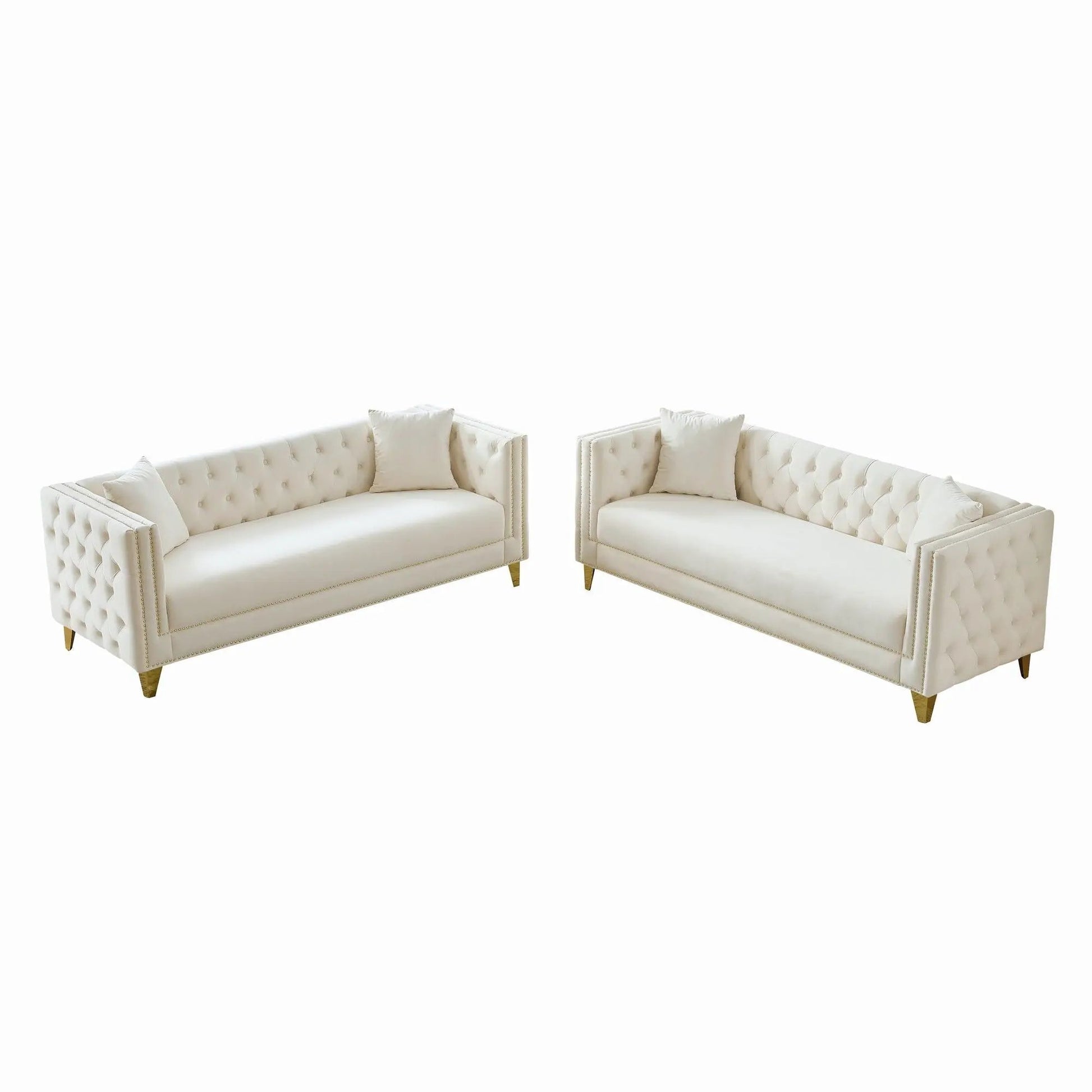 Pair of cream deep-seat sofas with nailhead trim and square arms by Unique Piece Furniture on Tampa Home & Garden Store