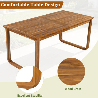 Wood outdoor dining table with slatted top and curved legs on Tampa Home & Garden Store