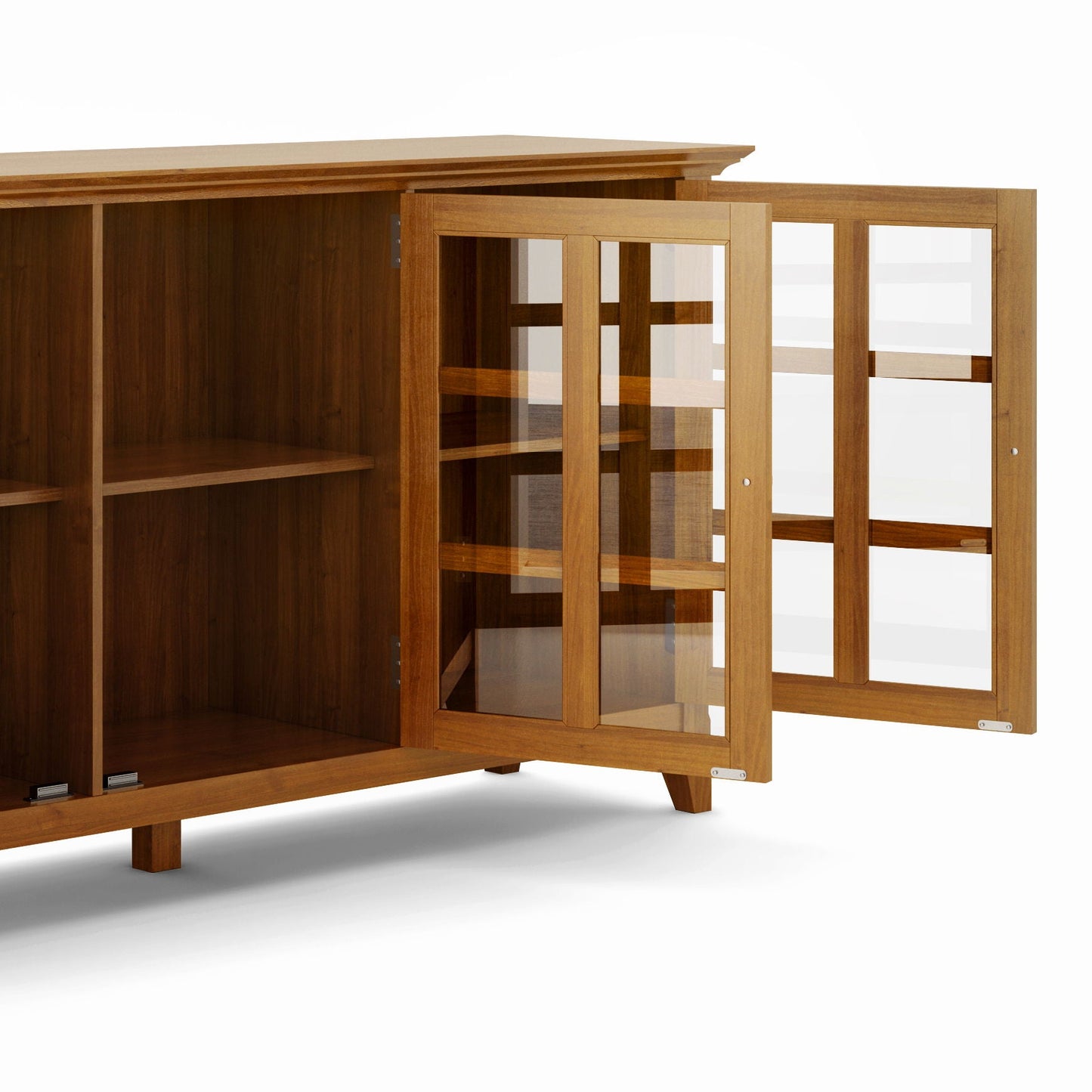 Acadian wide storage cabinet handcrafted with glass-front doors and shelves in warm wood finish on Tampa Home & Garden Store