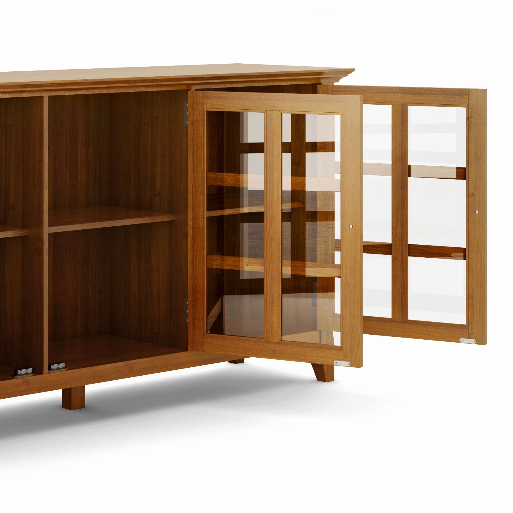 Acadian wide storage cabinet handcrafted with glass-front doors and shelves in warm wood finish on Tampa Home & Garden Store