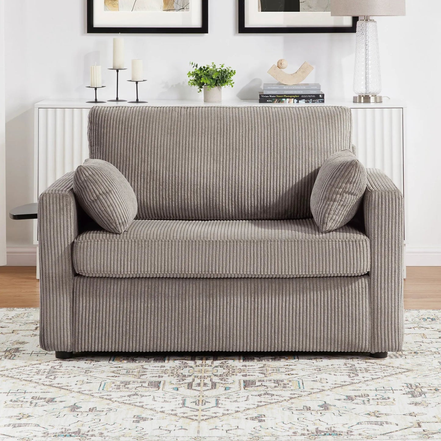 Sleeper Sofa with foldable mattress in gray ribbed fabric, built-in side table, two cushions on Tampa Home & Garden Store