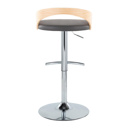 Modern adjustable barstool with swivel, gray padded seat and light wood curved back on chrome pedestal on Tampa Home & Garden Store