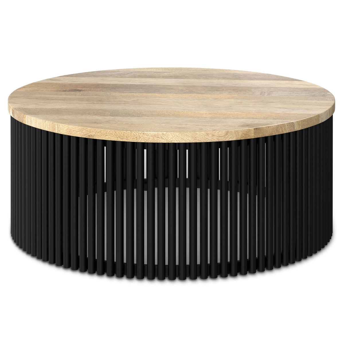Round Demy Side Table by HouseOfZazla, natural wood grain top with black ribbed base on Tampa Home & Garden Store