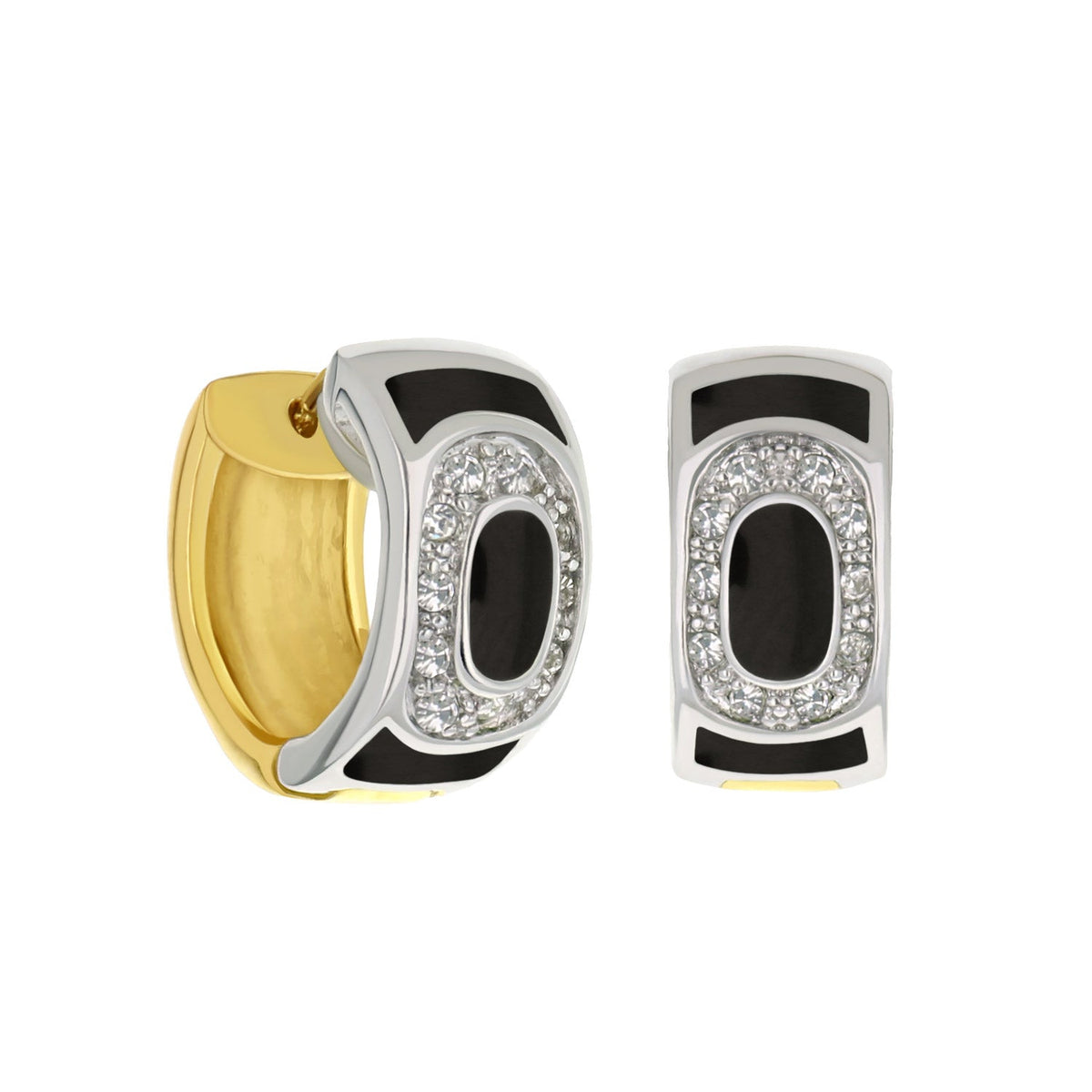 Two-Tone Enamel Huggie Earrings by Lauren G Adams with black enamel and crystal halo on silver on Tampa Home & Garden Store