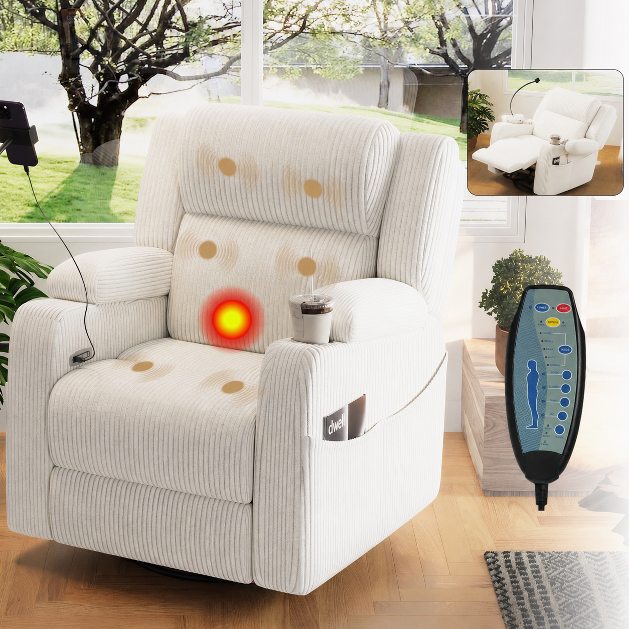 Electric power recliner chair with heat and massage, cream fabric, cup holder by HouseOfZazla on Tampa Home & Garden Store