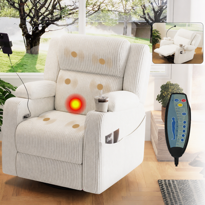Electric power recliner chair with heat and massage, cream fabric, cup holder by HouseOfZazla on Tampa Home & Garden Store