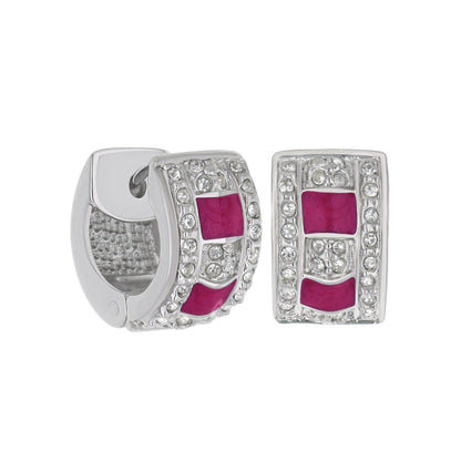 Enamel Huggie earrings with magenta enamel panels and crystal trim on silver-tone metal on Tampa Home & Garden Store