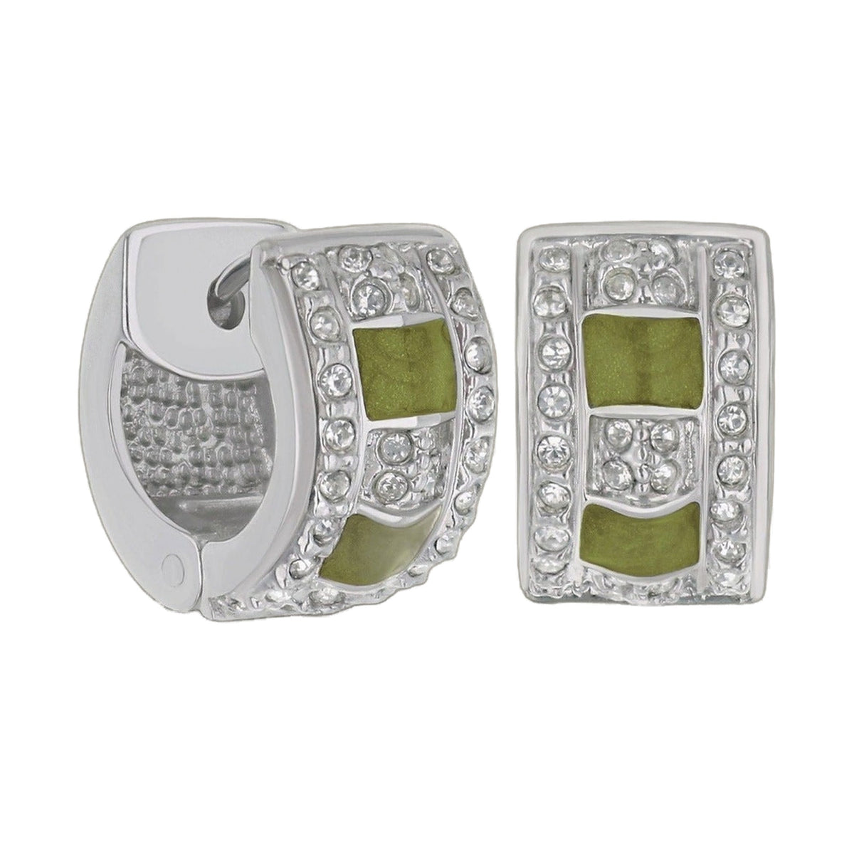 Enamel huggie earrings by Lauren G Adams; green square enamel centers with crystal borders on Tampa Home & Garden Store