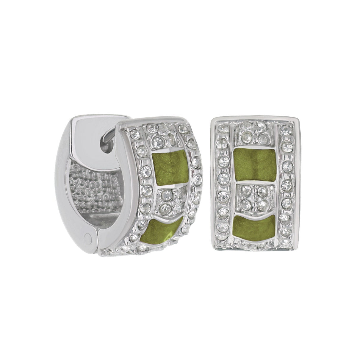 Enamel Huggies Earring pair by Lauren G Adams, square green enamel with crystal border on Tampa Home & Garden Store