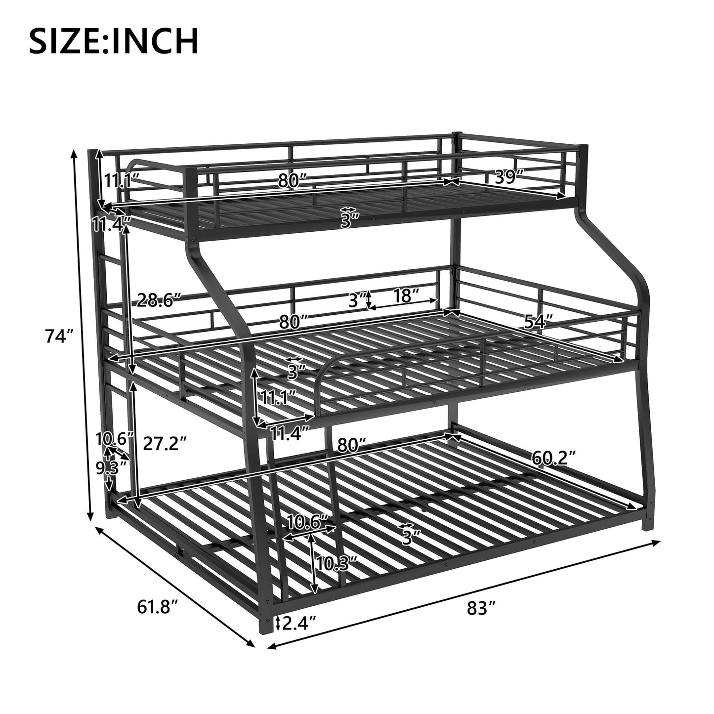 Triple bunk bed in black by HouseOfZazla with long and short ladders and full-length guardrails on Tampa Home & Garden Store