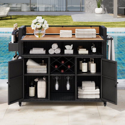 Sturdy Wicker Outdoor Grill Cart and Counter