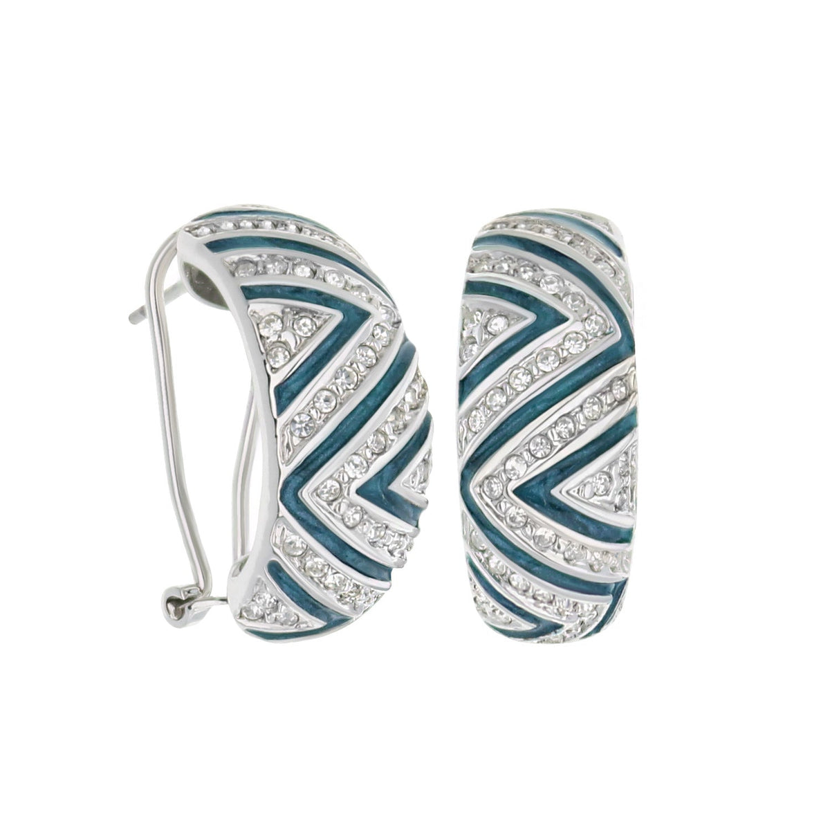 Lga French Clip Earrings by Lauren G Adams, teal enamel chevrons with crystal pavé clip hoops on Tampa Home & Garden Store