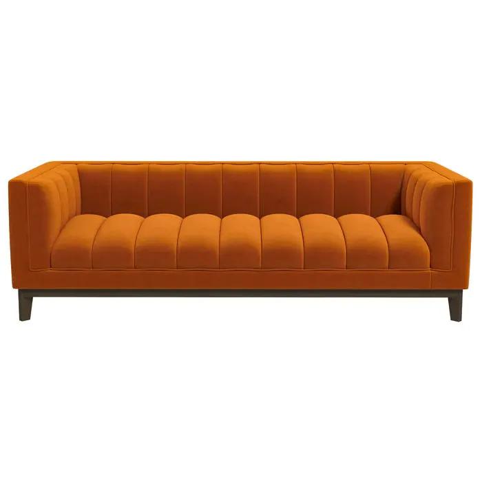 Melissa Mid Century Sofa orange velvet with tufted cushions and dark wood legs on Tampa Home & Garden Store