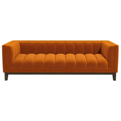 Melissa Mid Century Sofa orange velvet with tufted cushions and dark wood legs on Tampa Home & Garden Store