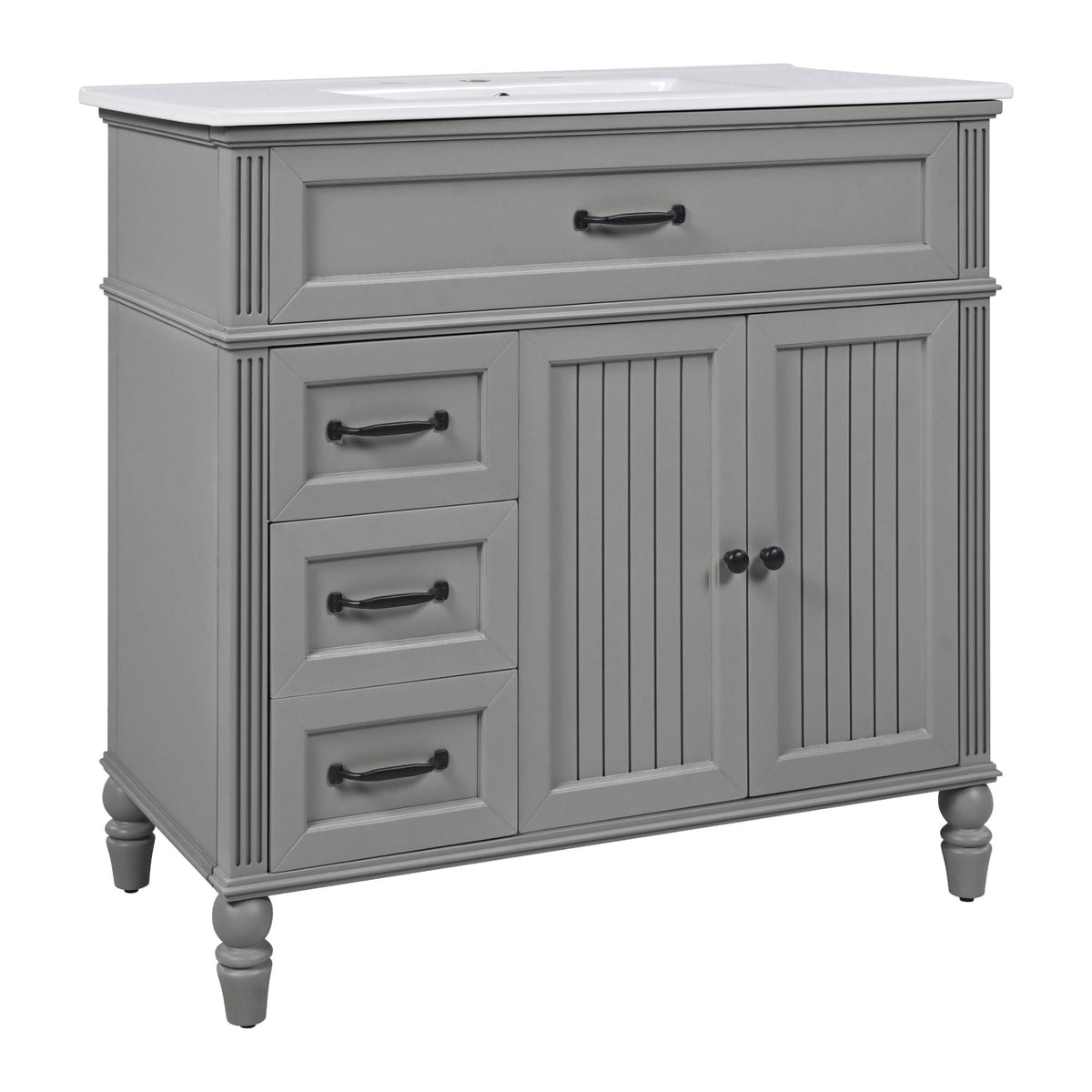 Bathroom vanity with sink and drawers in gray solid wood with white countertop and black hardware on Tampa Home & Garden Store