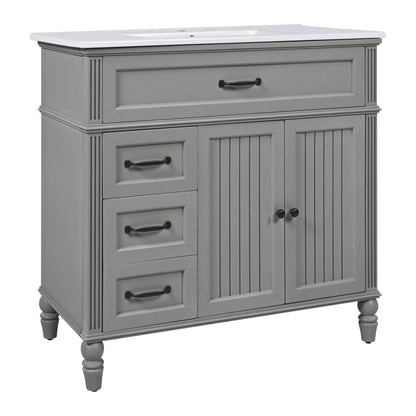 Bathroom vanity with sink and drawers in gray solid wood with white countertop and black hardware on Tampa Home & Garden Store