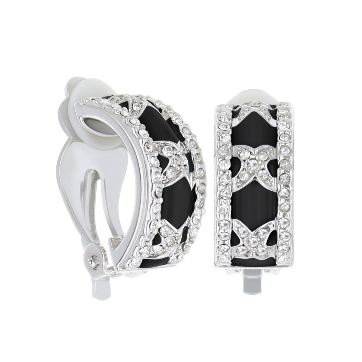 Lga Clip On Earrings, silver-tone rectangular hoops with black enamel and crystal pavé borders on Tampa Home & Garden Store