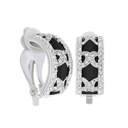 Lga Clip On Earrings, silver-tone rectangular hoops with black enamel and crystal pavé borders on Tampa Home & Garden Store